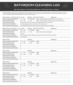Bathroom Cleaning Log Template